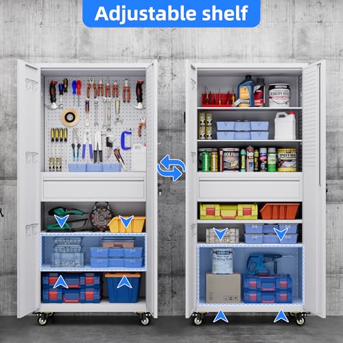 Garage Storage Cabinet with Wheels & Pegboard, 72" H Locking Metal Storage Cabinet with Doors and 4 Adjustable Shelves for Garage Workshop Home