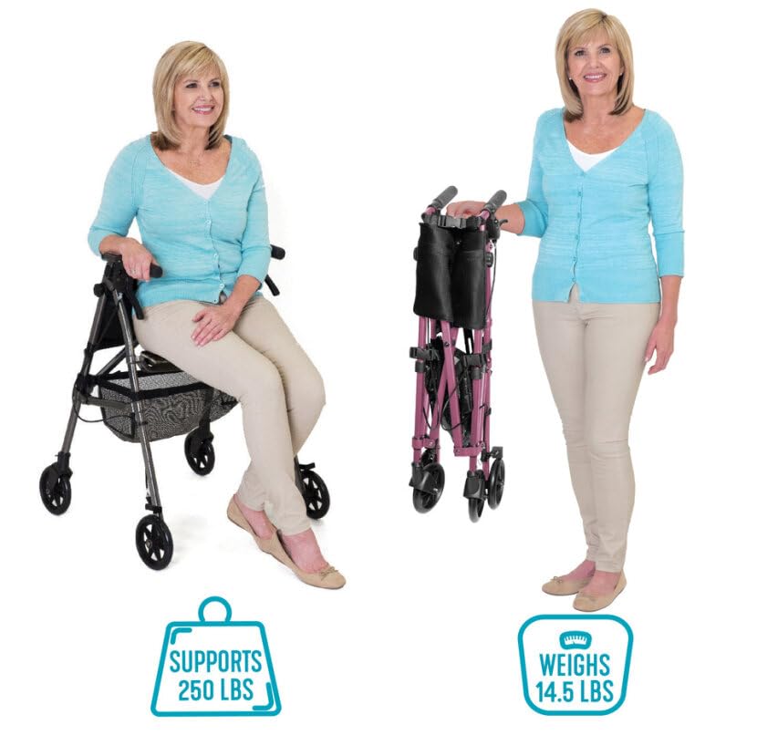 Stander Wonder Rollator Plus Short, Lightweight Junior Folding Walker for Seniors and Adults, Travel EZ Fold-N-Go Rollator