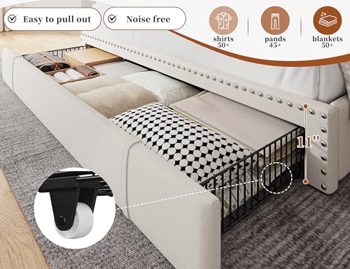 EnHomee Queen Bed Frame with 3 Storage Drawers, Upholstered Bed Frame Queen Size with 2-Tier Storage Headboard, Wooden Slats, No Box Spring Needed