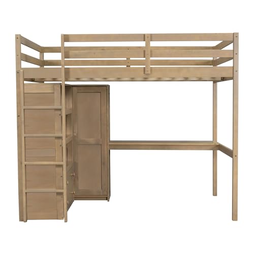 Harper & Bright Designs Full Size Loft Bed with Desk & Wardrobe, Wood Full Loft Bunk Bed with Storage Shelves and Drawers, No Box Spring Needed,White
