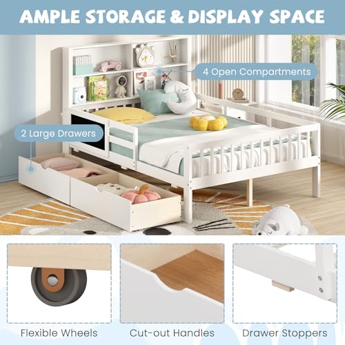 Giantex Full Bed with 2 Storage Drawers, Solid Wood Kids Bed Frame w/Bookcase Headboard & Blackboard, Full-Length Guardrails & Wooden Slats Support