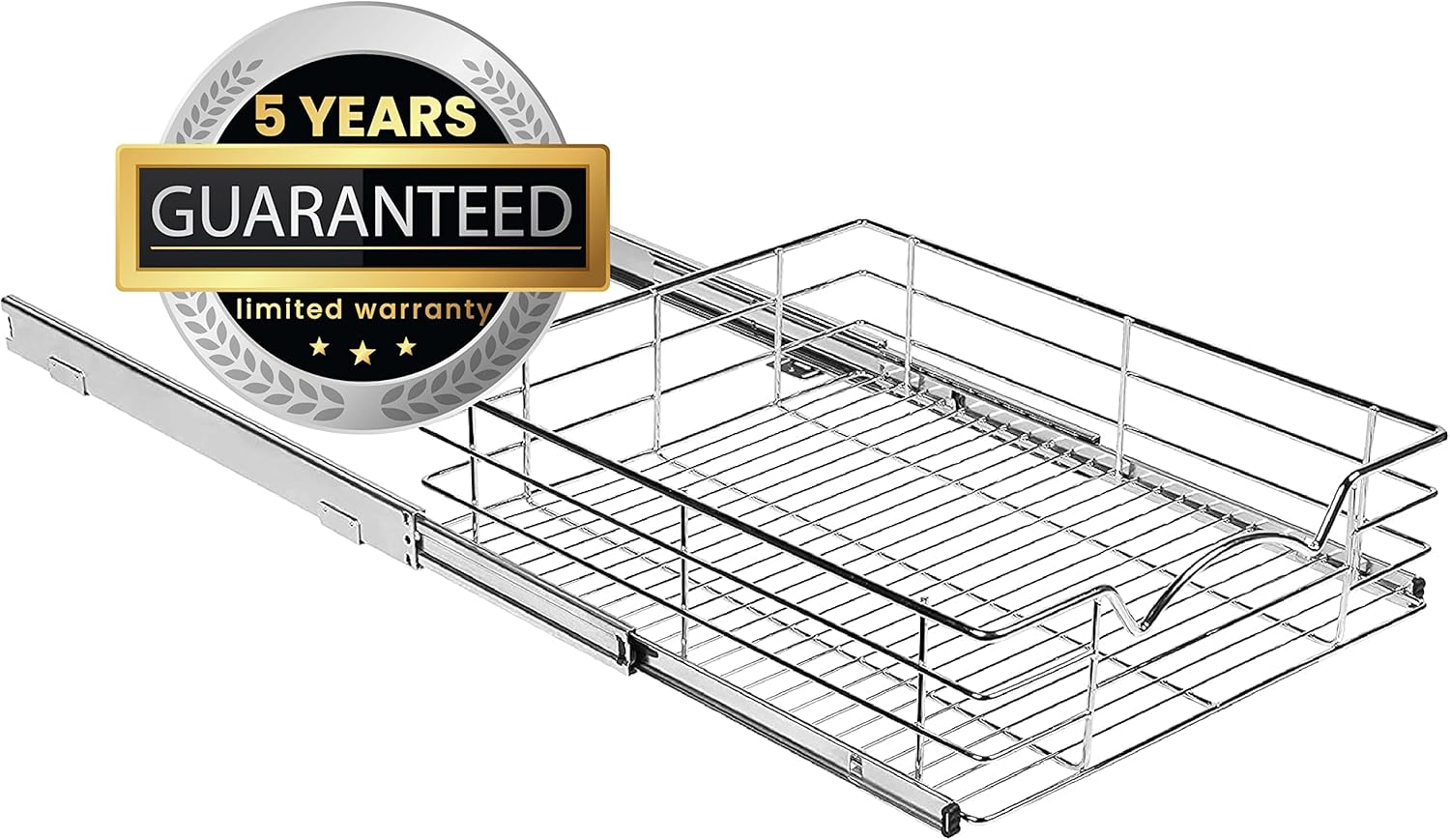 Heavy Duty Pantry Pull Out Cabinet Organizer Basket 5” High –5 Year Limited Warranty- Slide Out Drawer Shelf for Pots, Pans, Cans, jars, Canisters