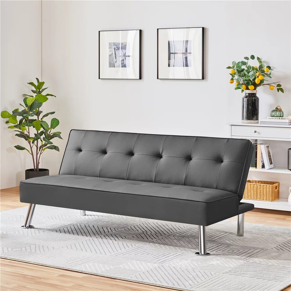 Easyfashion Convertible Faux Leather Futon Sofa Bed, Gray