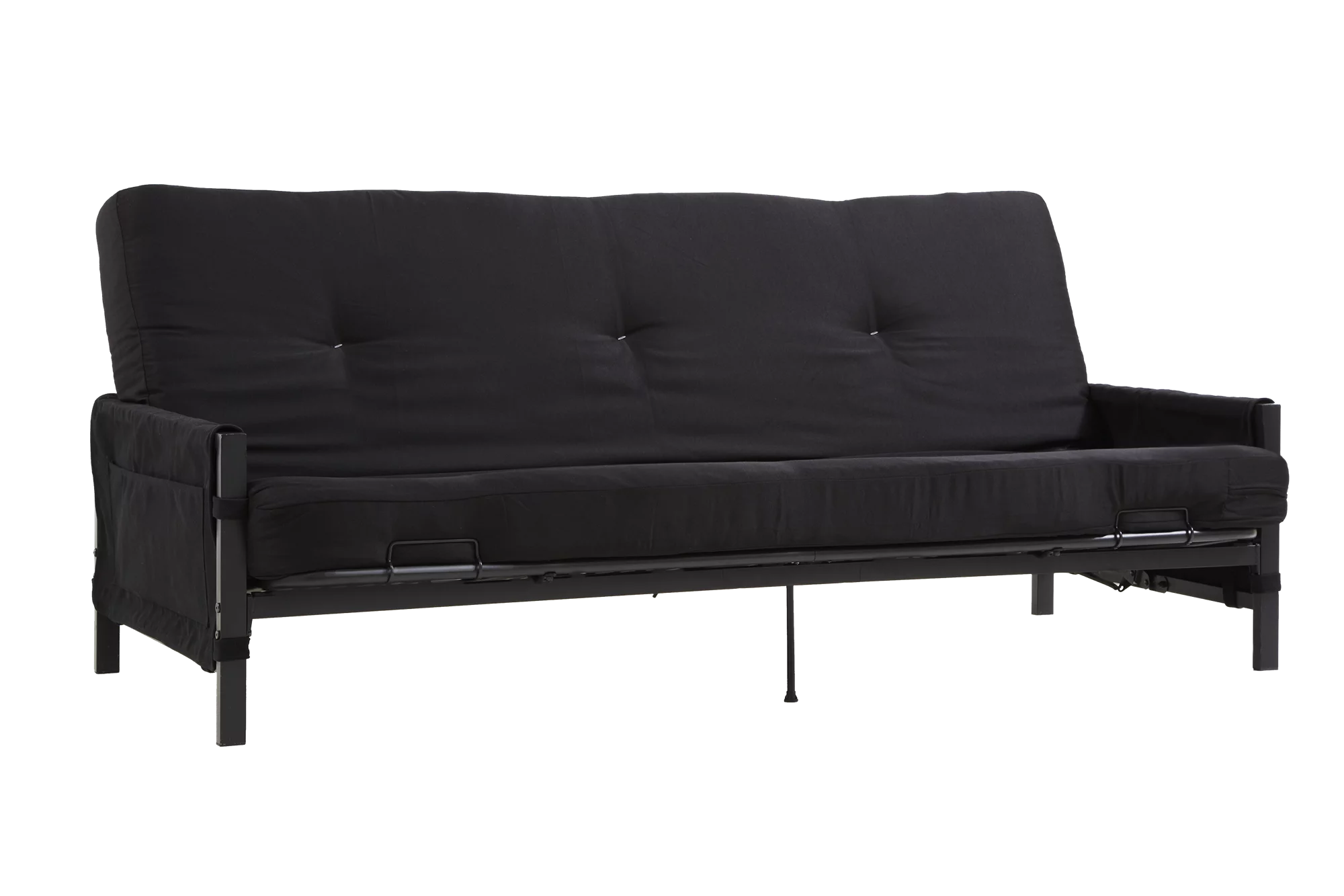 DHP Fairview Futon Set with Black Metal Frame, 6" Mattress and Storage Pockets, Black