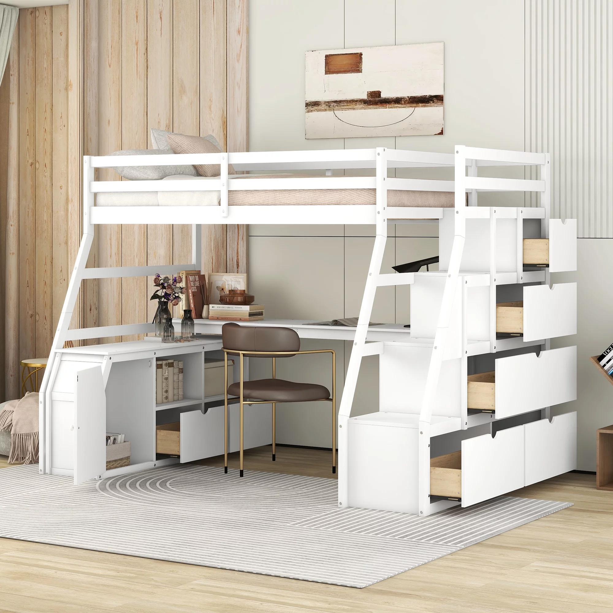 Twin Size Loft Bed Frame with 7 Drawers 2 Shelves and Desk, Health and Comfort Storage Shelves and Writing Desk, Wooden Loft Beds with Stairway