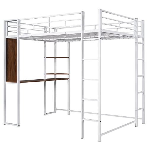 Metal Loft Bed with Wardrobe and L-Shaped Desk, Full Size Loft Bed with Storage Cubes and Shelves, Heavy Duty Loft Bed for Kids Teens, White