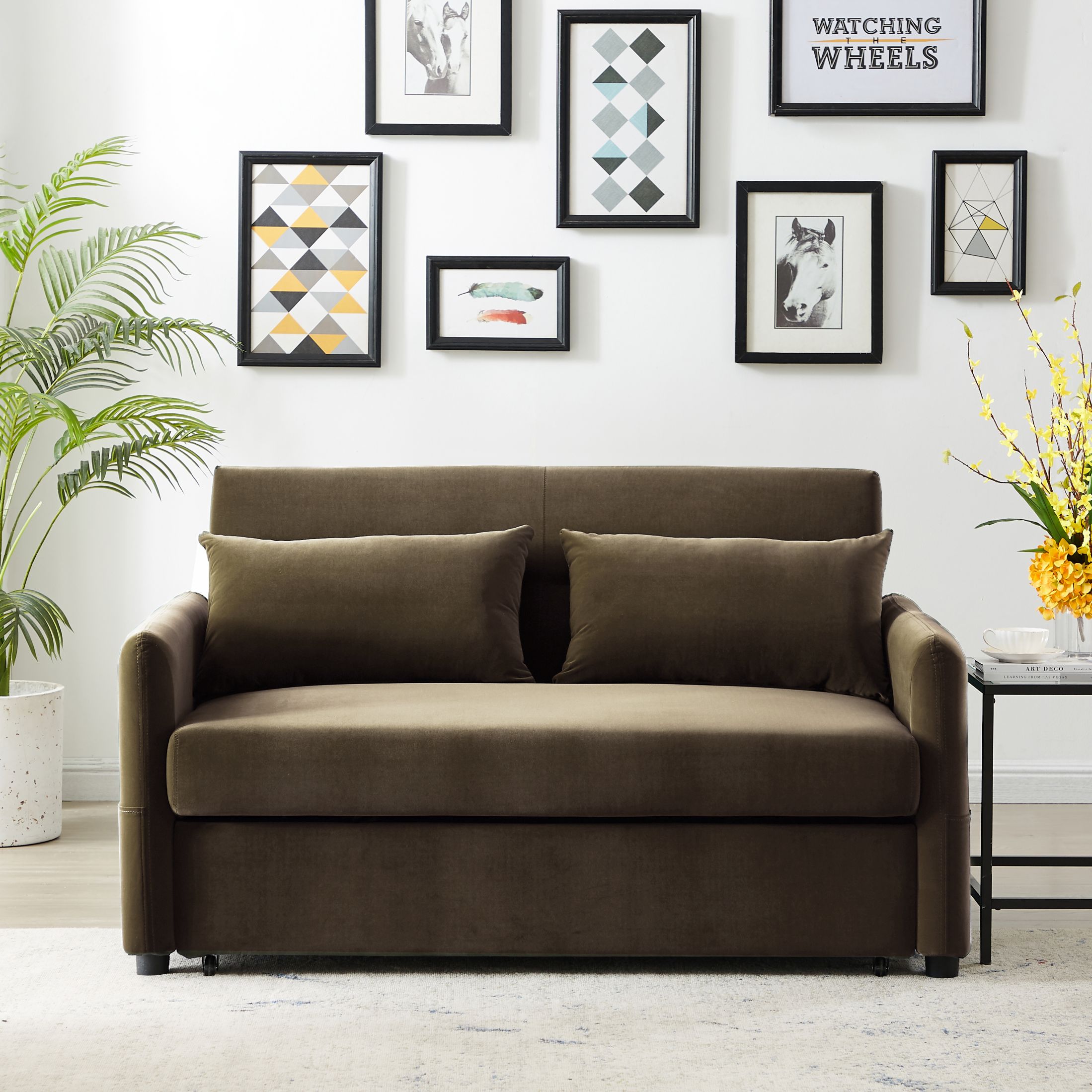 RUXAN Double seat sofa bed sofa with pull-out bed, adjustable backrest with 2 lumbar pillows for small living rooms, apartments, etc.-Light Brown