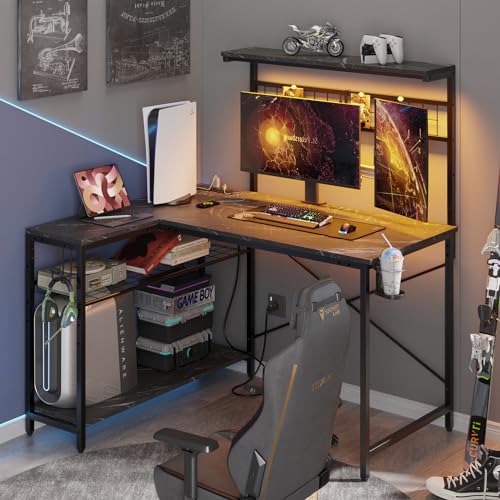 Bestier 42 L Gaming Desk,Computer Desk with Power Outlets, LED Lights, Reversible Corner Desk with 4-Tier Shelves,Cup Holder & Hook Carbon Fiber Black