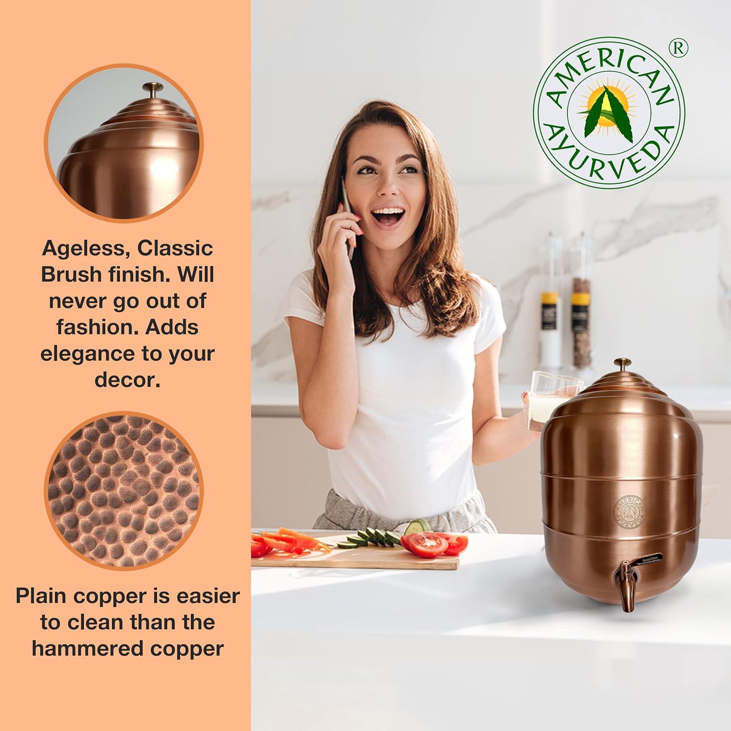 American Ayurveda Countertop 100% Pure Copper 5 Gallon Dispenser Storage Tank Pot With Stainless Steel Faucet and Lid Kitchen Home Health Yoga