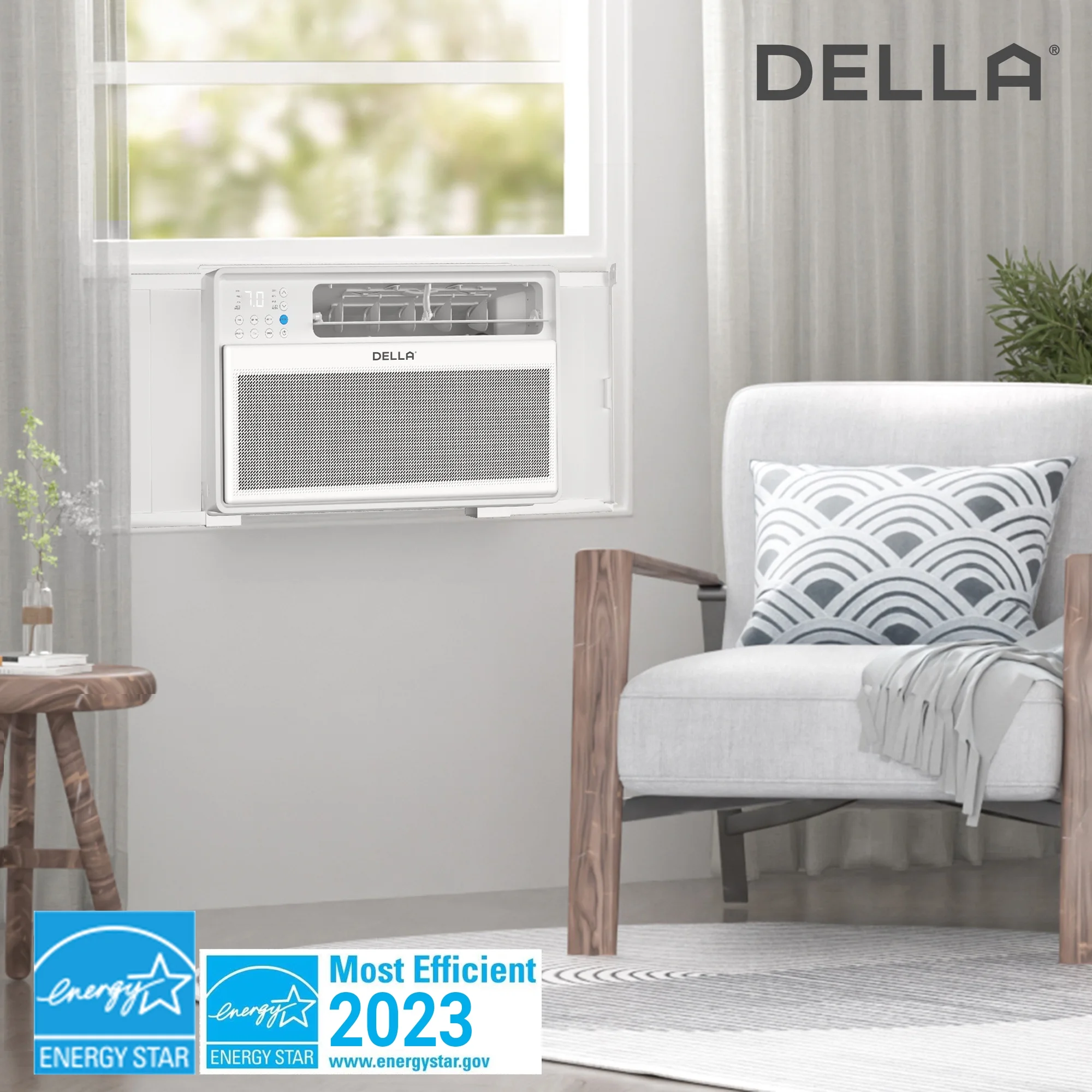 DELLA 12000 BTU Smart Inverter Window Air Conditioner Cools up to 450-520 Sq.Ft.,GEO Auto Temp On/Off For Where You Are, Energy Star Certified