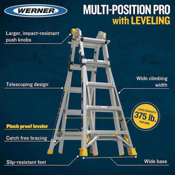 Werner 22 ft. Reach Aluminum 5-in-1 Multi-Position Pro Ladder with Built-in Leveling 375 lbs. Load Capacity Type IAA Duty