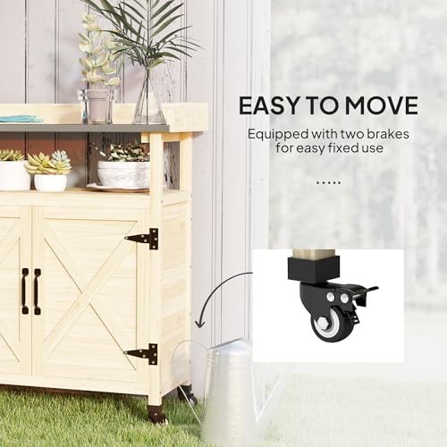 Outsunny Outdoor Wooden Potting Bench Table, Garden Workstation with Storage Cabinet, Aluminum Table Top, Rubber Wheels for Backyard, Patio, Balcony
