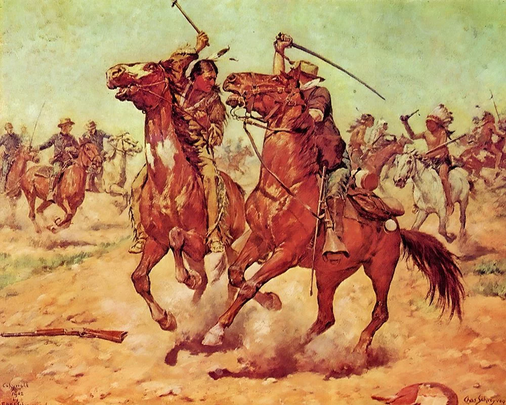 Shreyvogel, Charles 18x15 White Modern Wood Framed Museum Art Print Titled - The Duel - Tomahawk and Sabre