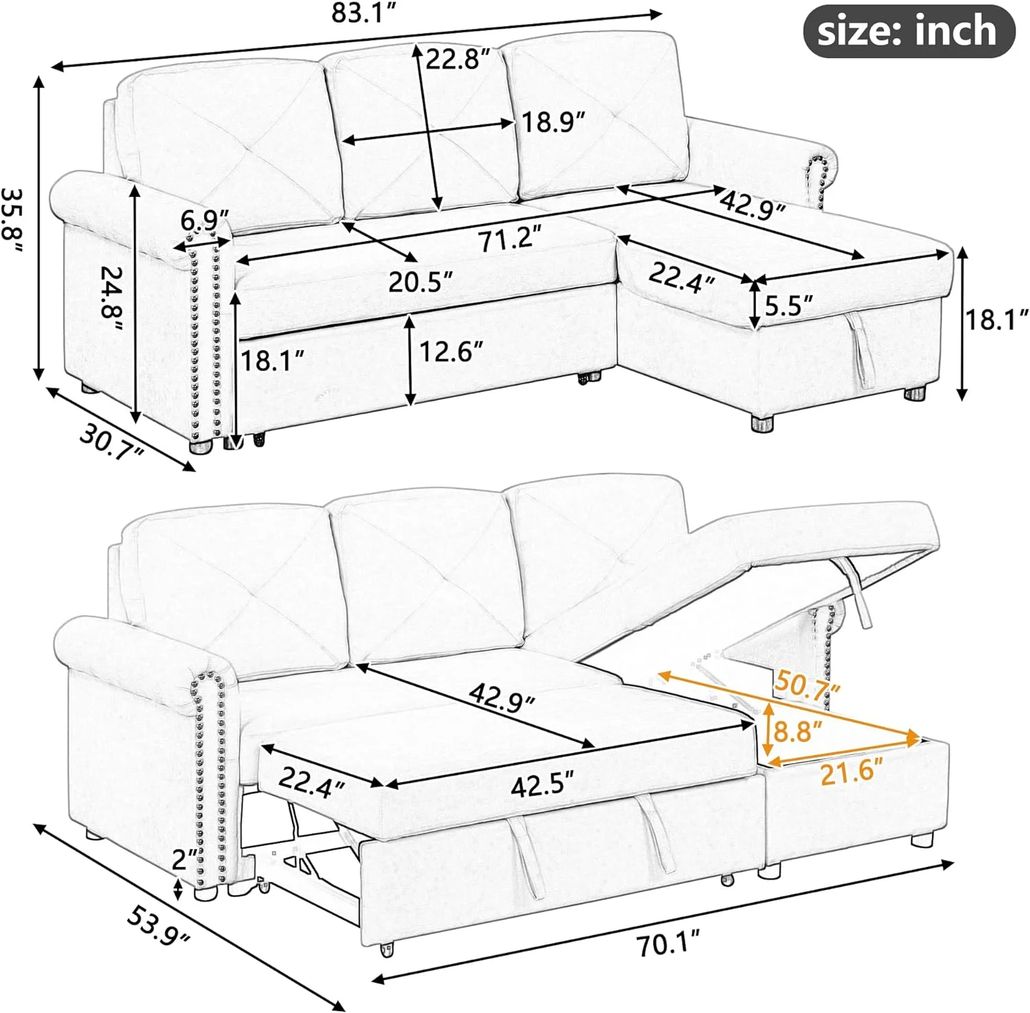 Convertible Pull-Out Sleeper Sofa Bed W/Storage Chaise Lounge