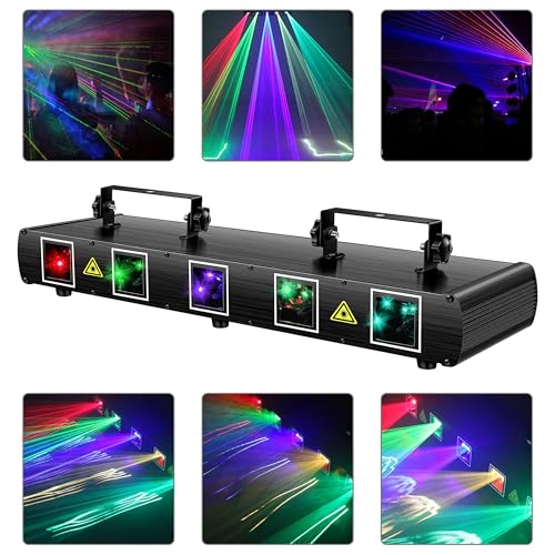 U`King Stage Laser Light, 5 Beam Sound Activated DJ Party Lights RGBYC LED Music Projector with Remote Control DMX for Dancing Birthday Bar Pub Stage