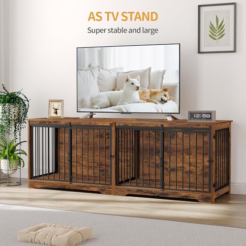 78 Inch Dog Cage Furniture for 2 Dogs, Extra Large Breed Double Dog Crate Furniture, XXL Thick Wooden TV Stand, Dog Kennel Furniture with Divider