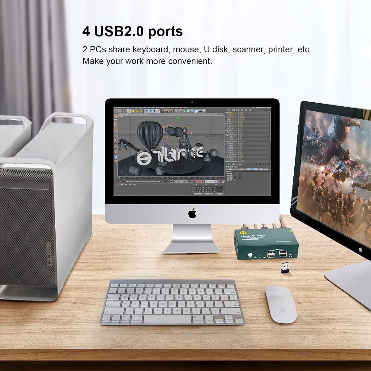 KVM Switch DP Displayport Dual Monitor Extended Display 2 Port, 4 USB 2.0 Hub, UHD 4K@60Hz YUV4:4:4 Downward Compatible,with All Needed Cables