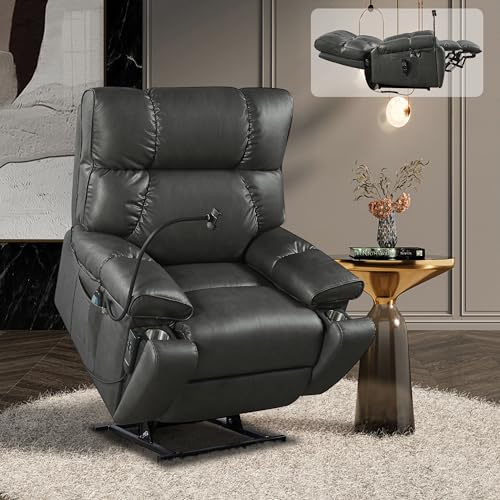 2 Motor Lay Flat Recliner Chair with Adjustable Phone Holder, Power Lift Assist Recliner with Cup Holder, Oversized Leather Sleeping Arm Chair