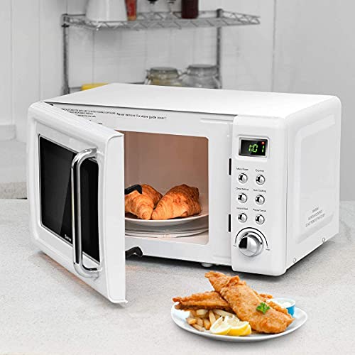 LDAILY Moccha 0.7Cu.ft Retro Microwave Oven, 0.7Cu.ft, 700-Watt Countertop Microwave Ovens w/5 Micro Power, Delayed Start Function, LED Display