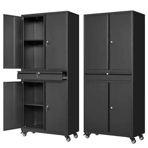 Letaya Metal Garage Storage Cabinet with Drawer,4 Door Tool Cabinet with Lock-2 Adjustable Shelves for Garage Home Office Utility Room (Black)