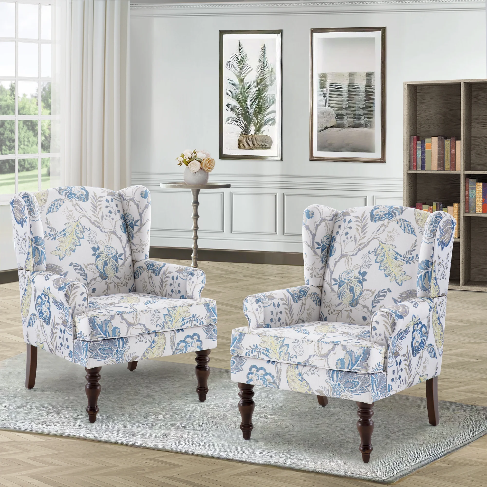 HUIMO Wingback Accent Chair for Living Room, Mid Century Modern Fabric Armchair with Wooden Legs