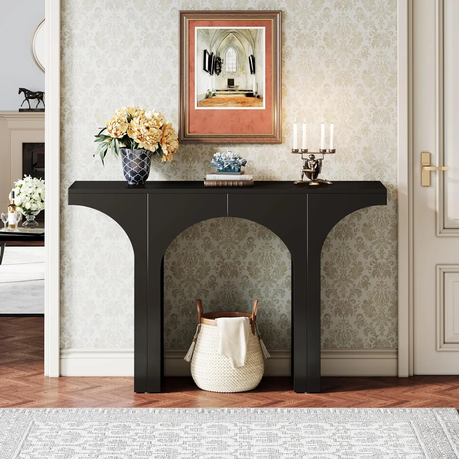 Tribesigns 47 Inches Console Table, Modern Hallway Table, Black Entryway Table, Sofa Table with Arch Base, Unique Foyer Table