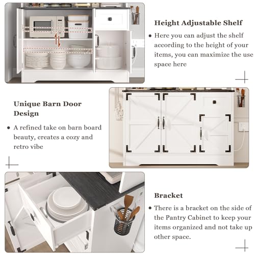 71" Kitchen Pantry Cabinet, Modern Kitchen Hutch Food Pantry with Charging Station and Microwave Stand, Pantry Storage Cabinets with Countertop
