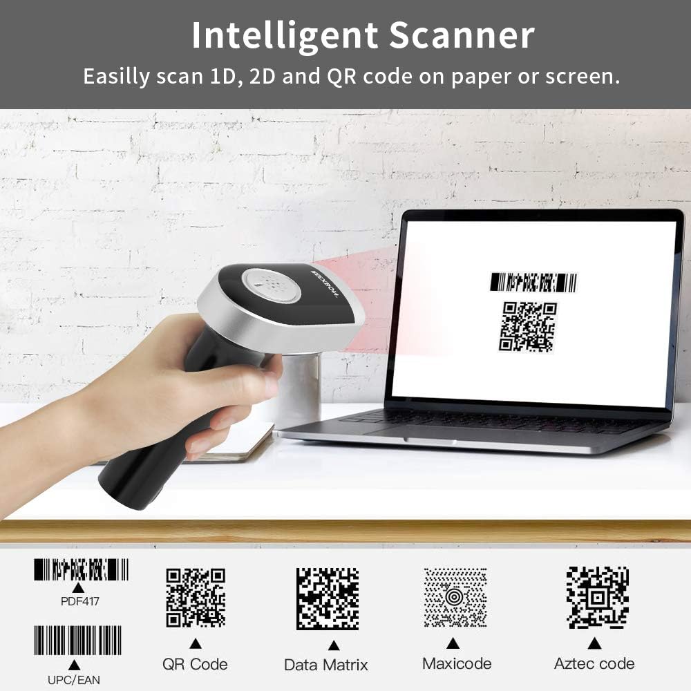 Barcode Scanner with Stand, REEXBON Wireless and Wired Handheld Barcode Reader QR 1D 2D Code Scanner with USB Charging Cable Pack of 2