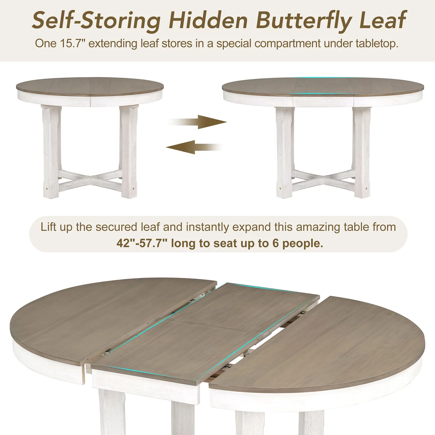 Churanty Farmhouse 5 Piece Round Dining Table Set for 4,Two Size Round to Oval Extendable Butterfly Leaf Wood Dining Table with 4 Upholstered Chairs