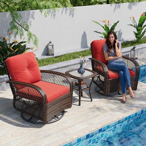 Aoxun 3 Pieces Patio Furniture Set, Patio Swivel Rocker Chairs Set of 2, Wicker Outdoor Bistro Set with Rocking Chair