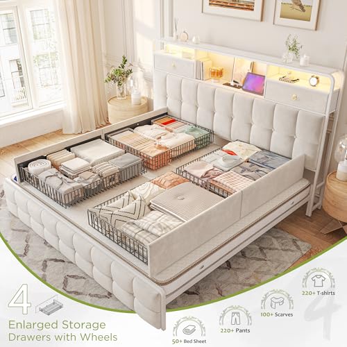 EnHomee King Size Bed Frame with 4 Storage Drawers King Bed Frame with Headboard Built in Charging Station and LED Lights, No Noise