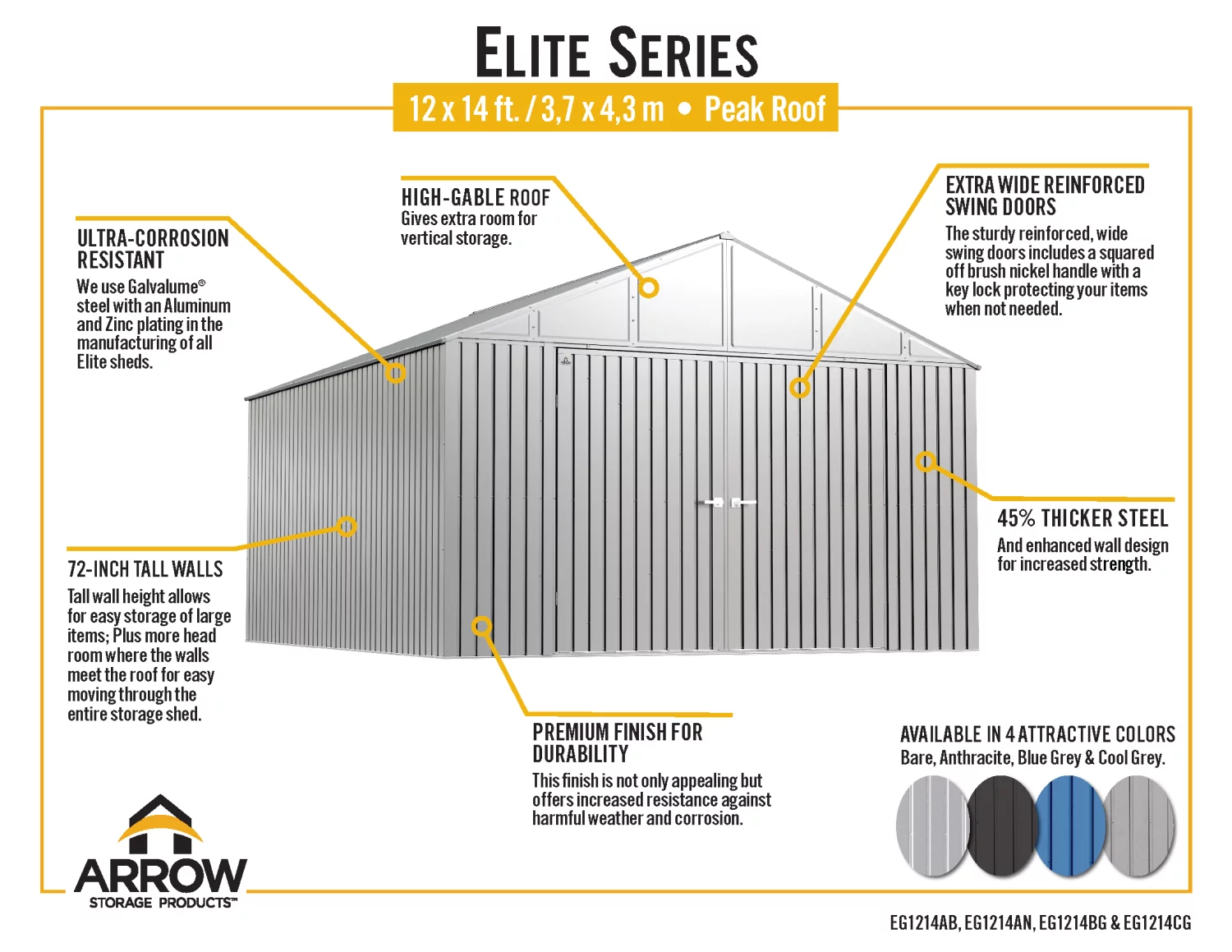 Arrow Elite Steel Storage Shed, 12x14, Cool Grey