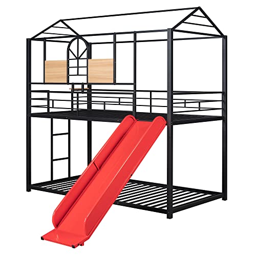 Kids Twin Over Twin Bunk Beds with Slide and Trundle, Solid Wood Bunk Bed Frame with Stairs and Storage