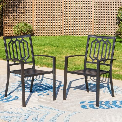 PHI VILLA Stackable Wrought Iron Patio Dining Chairs - Set of 2 Black Outdoor Chair Bistro Metal Chairs, Support 300 LBS