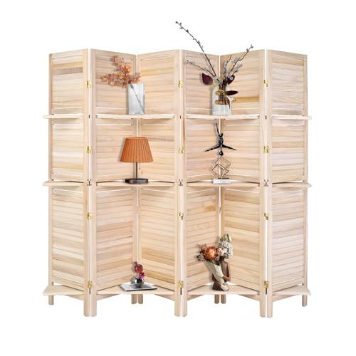 Bonnlo 6 Panels Wood Room Divider with Shelves, 6 FT Height Folding Privacy Screens, Indoor Freestanding Room Partition Wall Divider