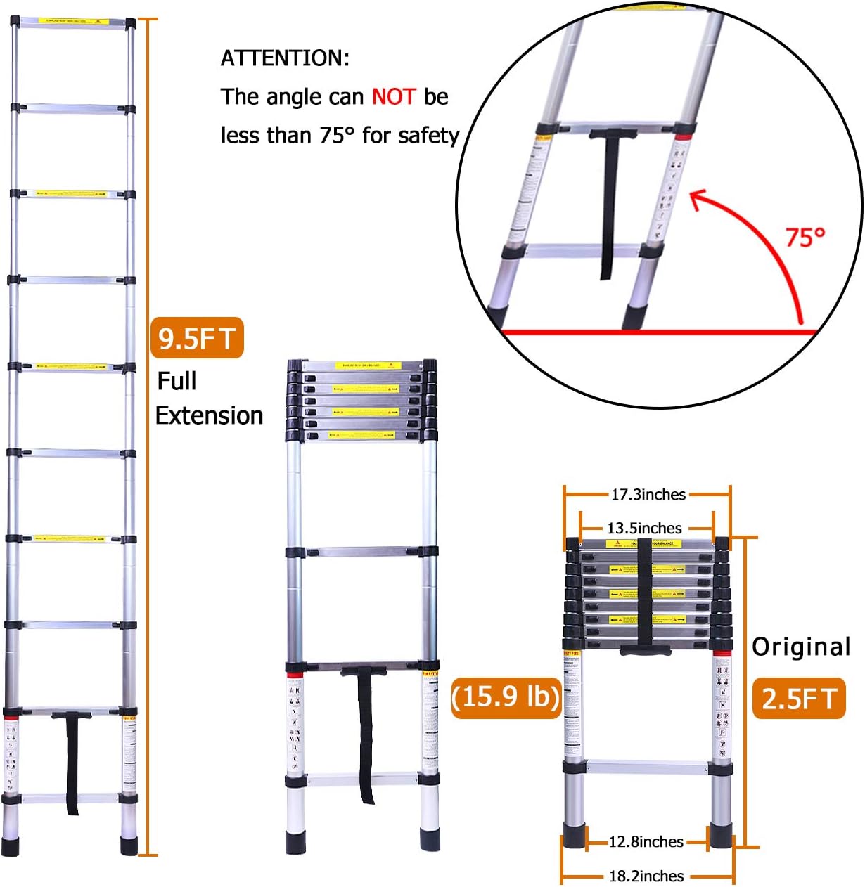 9.5FT Extension Telescoping Ladder, Aluminum Telescopic Ladders, Retractable Folding Ladder for RV, Loft, Attic, Home, 330LB Capacity
