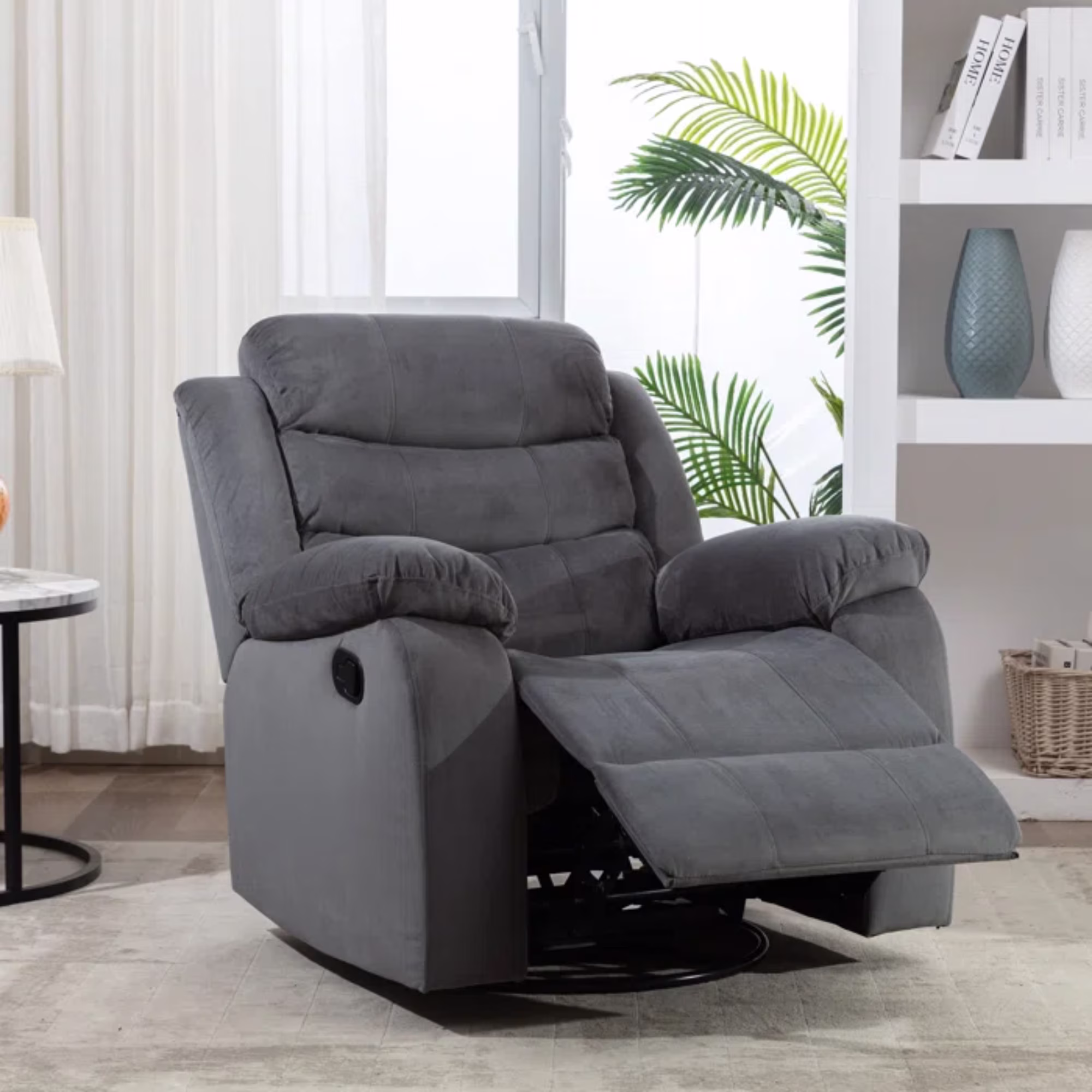 Recliner Rocking Chair With 360 Degree Swivel Ergonomic Lounge Rock Chair Classic Single Sofa Living Room Chair Home Theater Seat in Gray Valvet Color