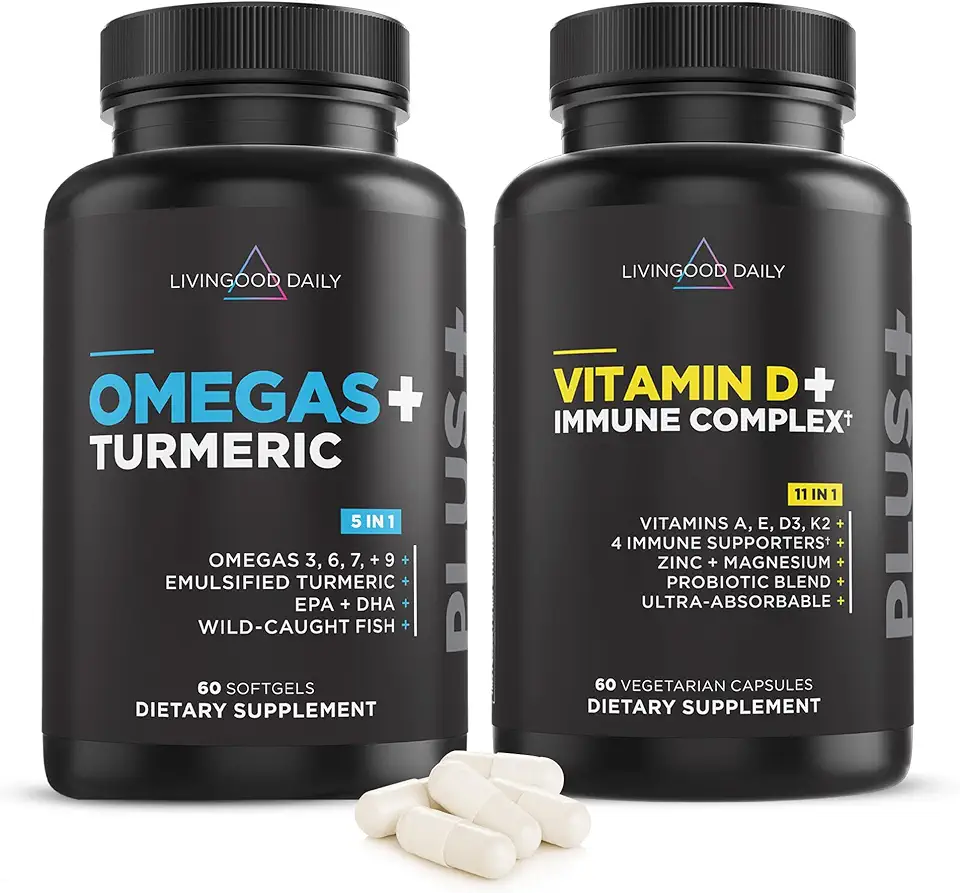 Livingood Daily Essentials Bundle - Powerful Supplement of Omega 3-6-7-9 Plus Turmeric Paired with Vitamin D3 K2, Magnesium