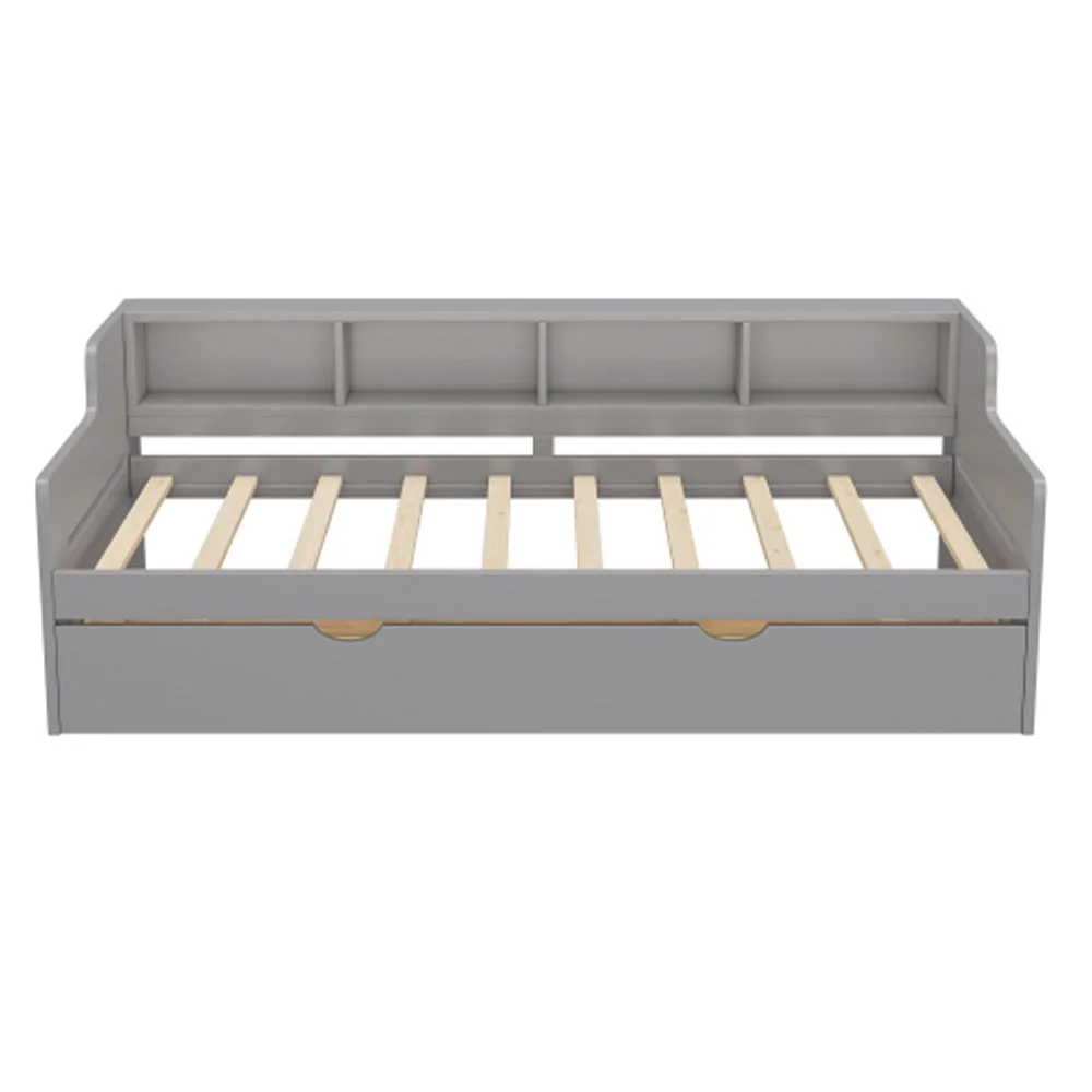 Twin Size Wooden Day Bed with Trundle for Guest Room, Small Bedroom, Study Room, Gray