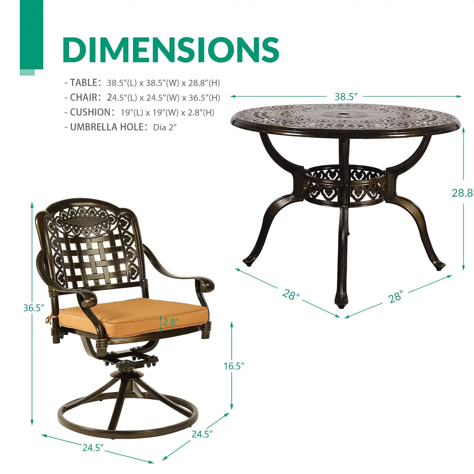 VIVIJASON 5-Piece Outdoor Patio Dining Set, All-Weather Cast Aluminum Conversation Set, Patio Furniture Set for Balcony Lawn Garden