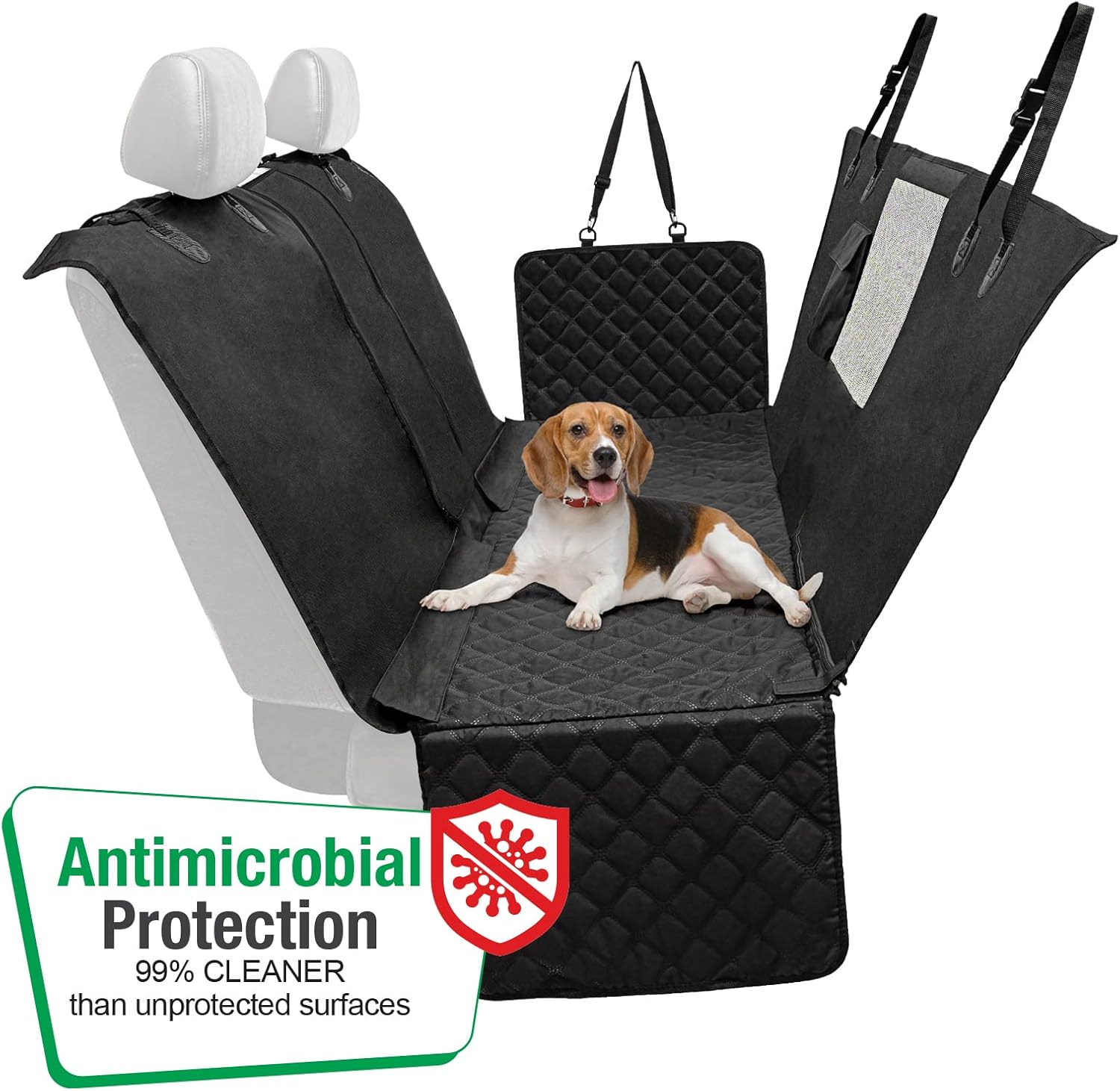 Season Guard Heavy Duty Dog Hammock for Backseat Allows Passenger Seat Access with Pet; Bench Seat Cover with See-Thru Mesh Window for A/C