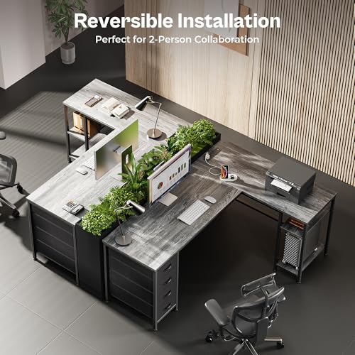 Huuger 63 Inch L Shaped Desk with Fabric Drawers, Reversible Computer Gaming Desk with Power Outlets and USB-C Port, Adjustable Side Storage Shelves