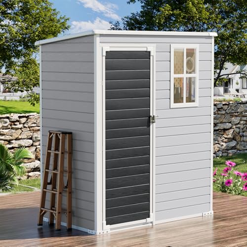 8x6x7 FT Resin Storage Shed, Waterproof Outdoor Storage Shed w/Floor, 2 Windows, Double Lockable Doors & Vents, Tool Shed for Patio Garden, Lawn