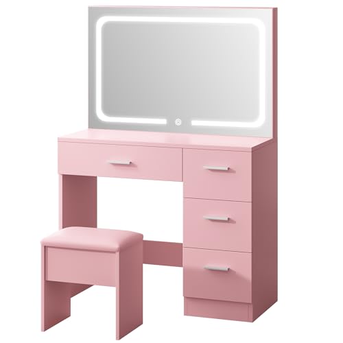Vanity Desk with LED Mirror, Makeup Vanity with Drawer and Cushion Stool, Dressing Table for Bedrrom, White