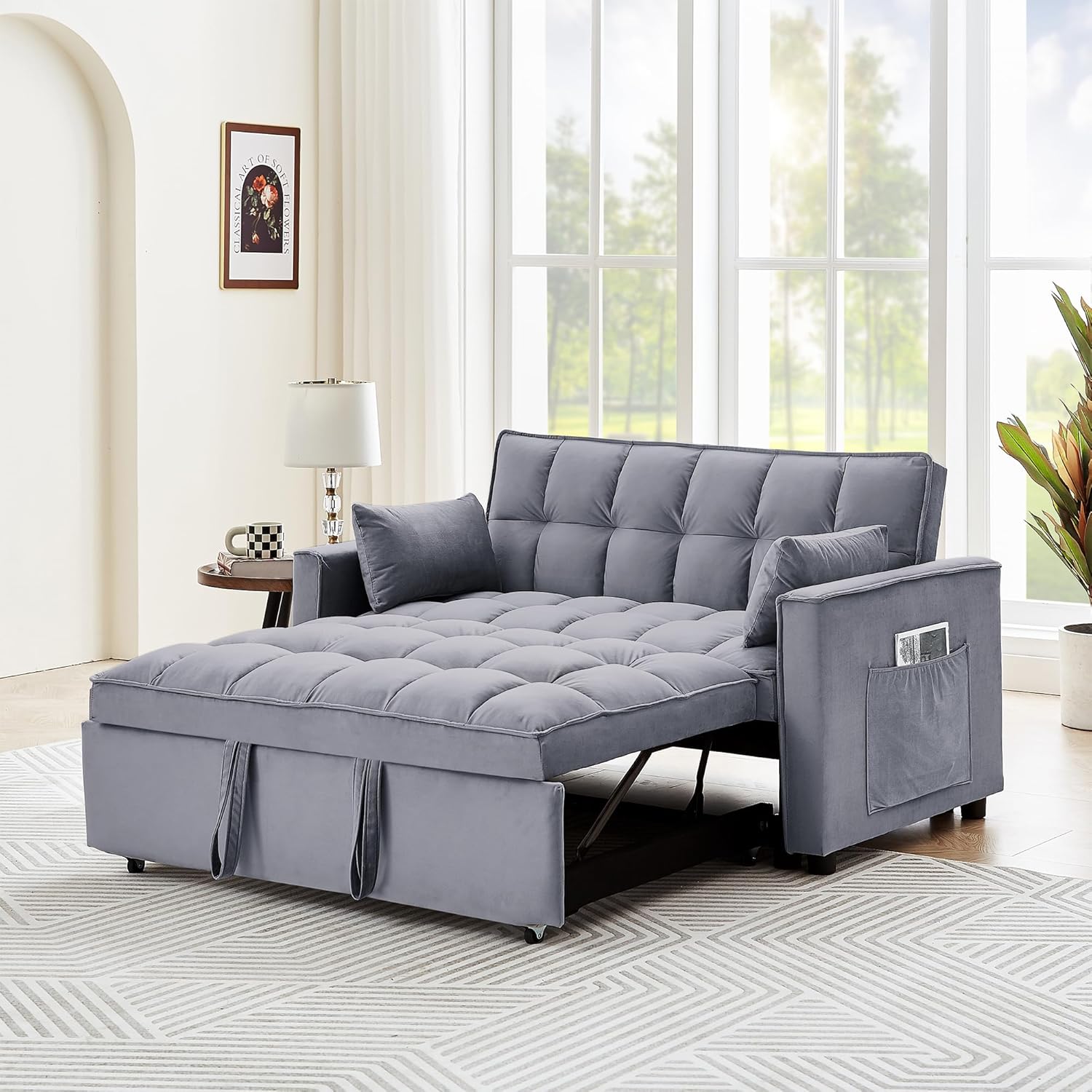 3 in 1 Tufted Convertible Sleeper Sofa Bed, Modern Velvet Futon Loveseat Couch w/Pullout Bed, Small Love Seat Lounge Daybed w/Reclining Backrest