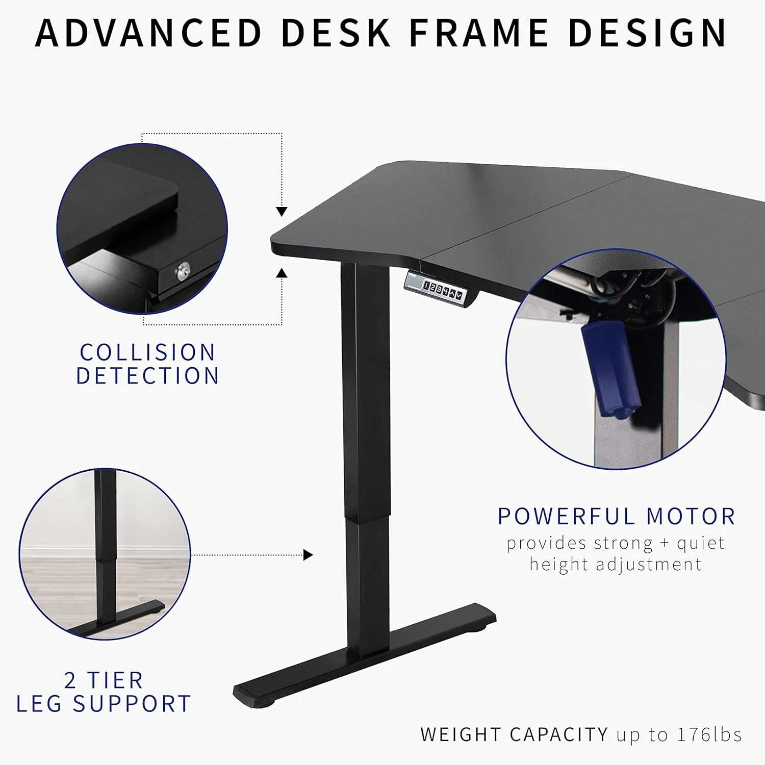 Electric Height Adjustable 71 X 24 Inch Wing-Shaped Stand Up Desk, Complete Active Corner Standing Workstation With Black Table Top, White Frame