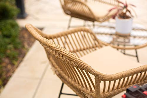 Barton 3pcs Outdoor Bistro Chat Set Patio Conversation Wicker Chairs Glass Table with Seat Cushions, Beige
