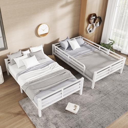 Heavy Duty Bunk Bed Frame with Ladder, Twin XL Over Twin XL Bunk Beds with Safety Guardrails, Adults Bunk Beds with Noise-Reducing Rubber Stoppers