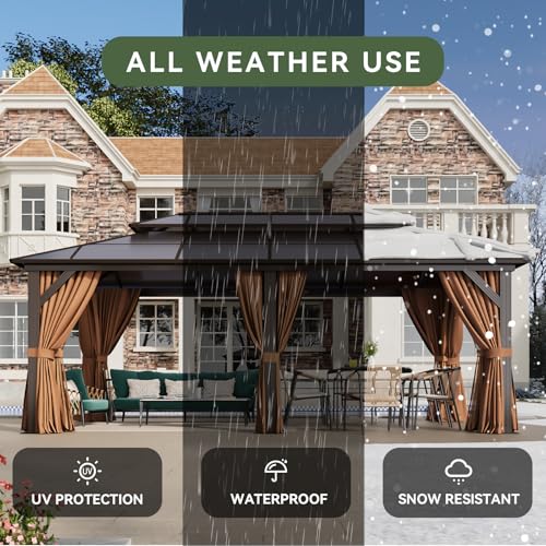 Aoxun 12'x16' Hardtop Gazebo, Aluminum Frame Permanent Pavilion with Netting and Curtains, Outdoor Polycarbonate Double Roof Canopy
