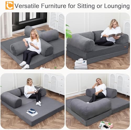 COMAX Folding Sofa Bed, Convertible Chair Bed Corduroy 3-in-1 Foldable Floor Couch with High-Density Foam, Futon Sofa Sleeper Mattress